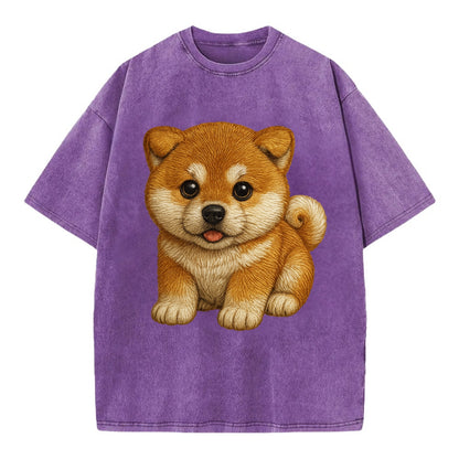 Baby Akita Puppy - fluffy bear-like, curled tail, dignified eyes, front-facing, - Vintage T-shirt - Purple