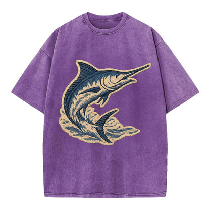 SWORDFISH MARLIN - leaping marlin in blue and silver , sport fishing - Vintage T-shirt - Purple