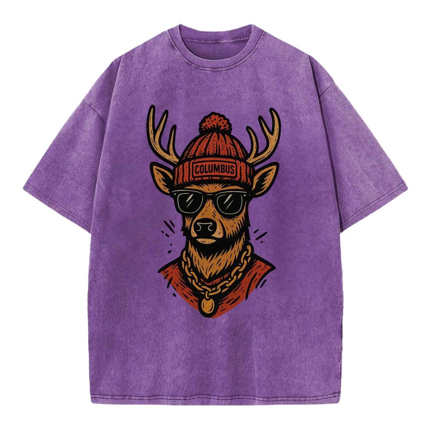 Columbus White-tailed Deer wearing Columbus beanie with pom pom and wayfarer - Vintage T-shirt - Purple