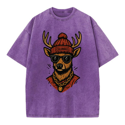 Columbus White-tailed Deer wearing Columbus beanie with pom pom and wayfarer - Vintage T-shirt - Purple