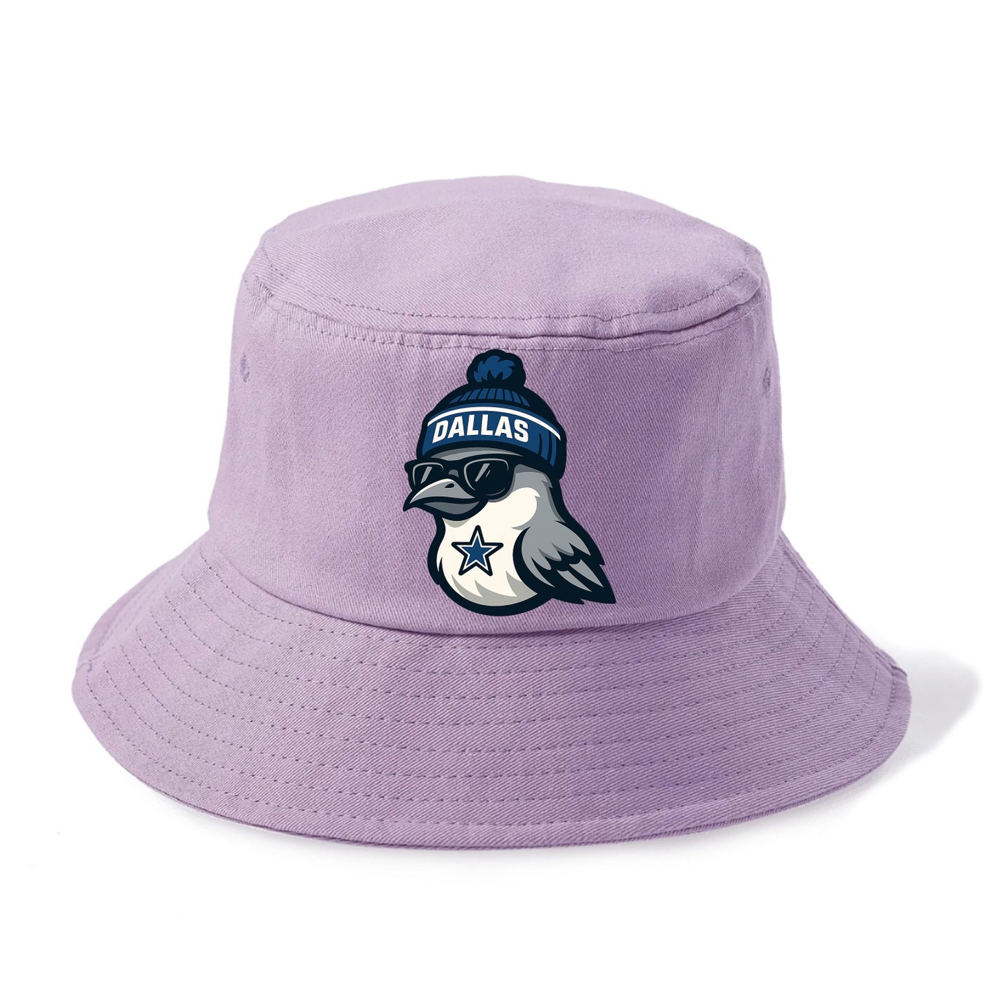 Dallas Mockingbird wearing Cowboys beanie with sheriff star and wayfarer sunglasses - Bucket Hat - Purple