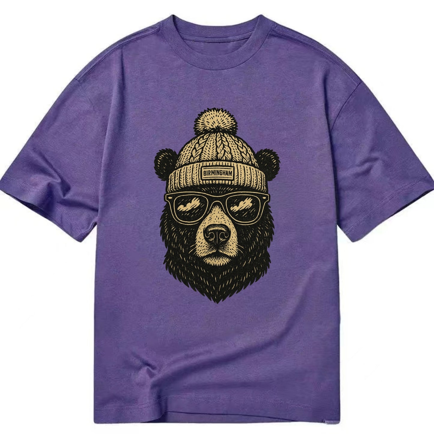 Alabama Black Bear wearing Birmingham beanie with pom pom and wayfarer sunglasses - Classic T-shirt - Purple