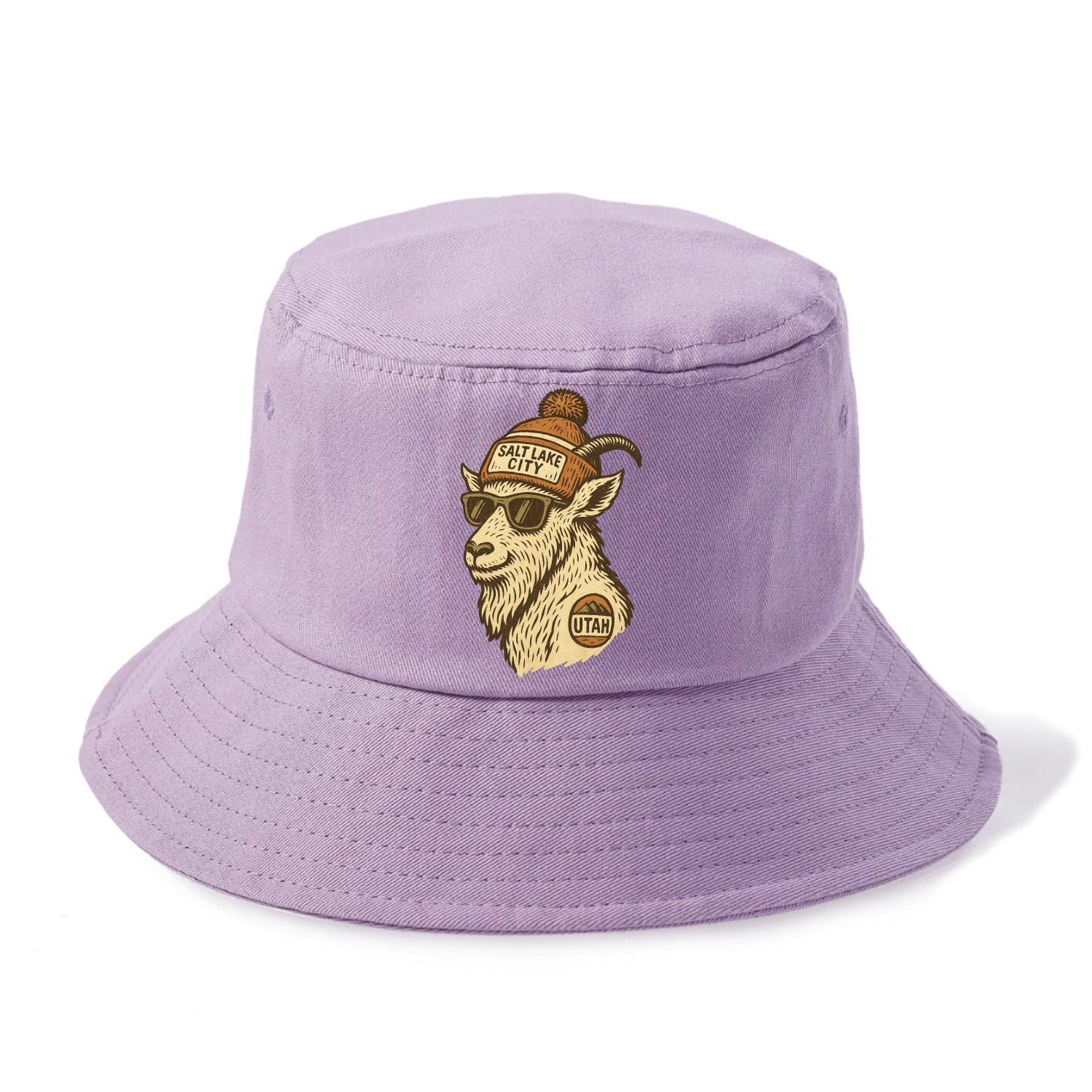Utah Mountain Goat wearing Salt Lake City beanie with pom pom and wayfarer sunglasses - Bucket Hat - Purple