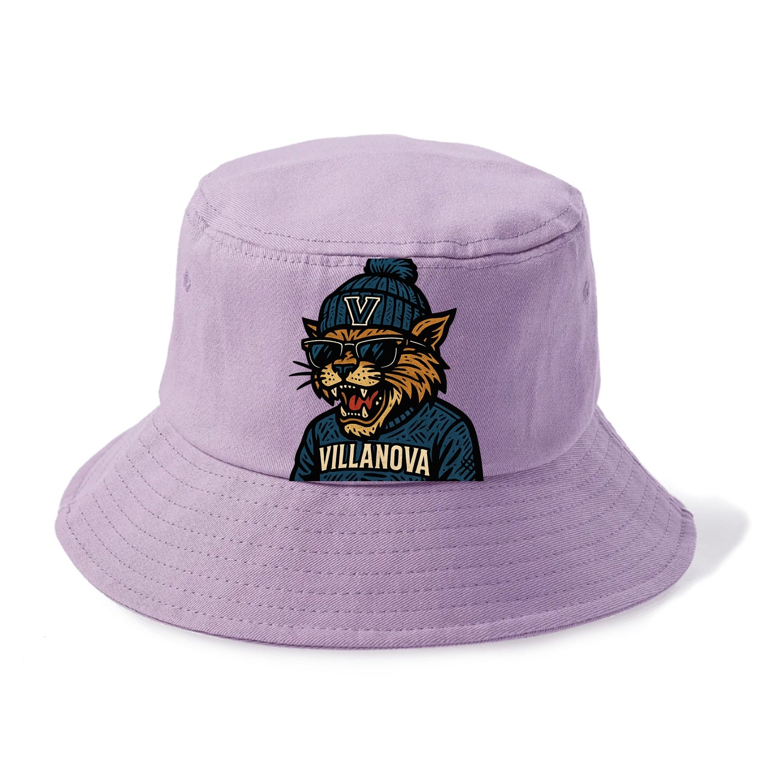 Villanova Wildcat wearing Villanova beanie with V patch - Bucket Hat - Purple