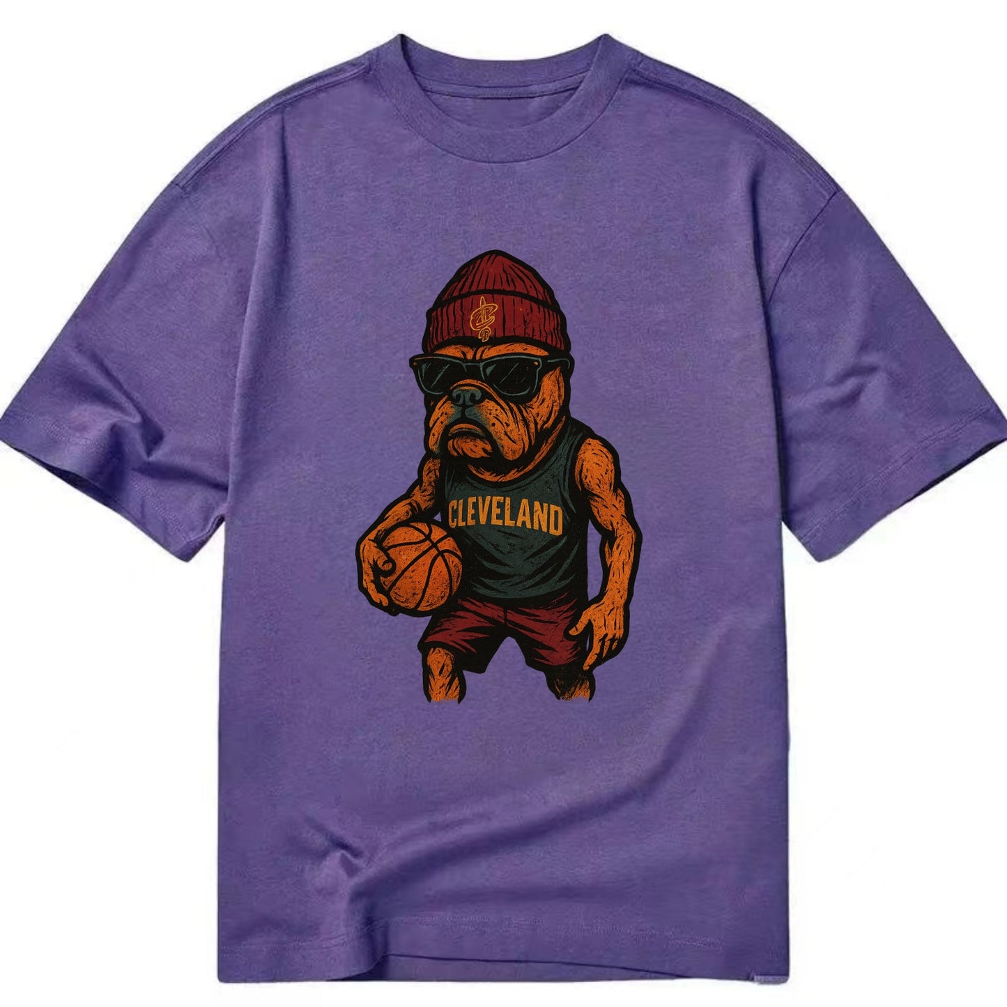 Cleveland Bulldog wearing Cavaliers wine and gold beanie with sword patch and - Classic T-shirt - Purple