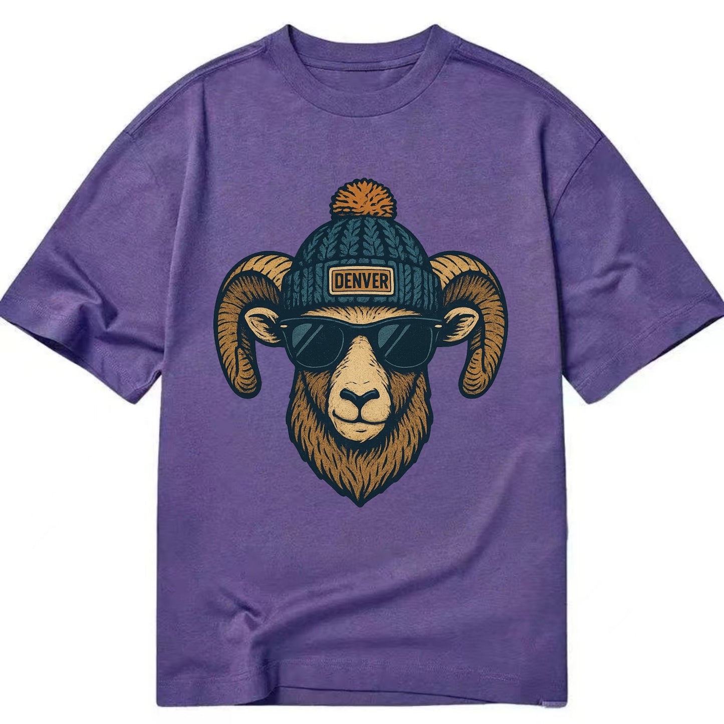 Colorado Rocky Mountain Bighorn Sheep wearing Denver beanie with pom pom and - Classic T-shirt - Purple