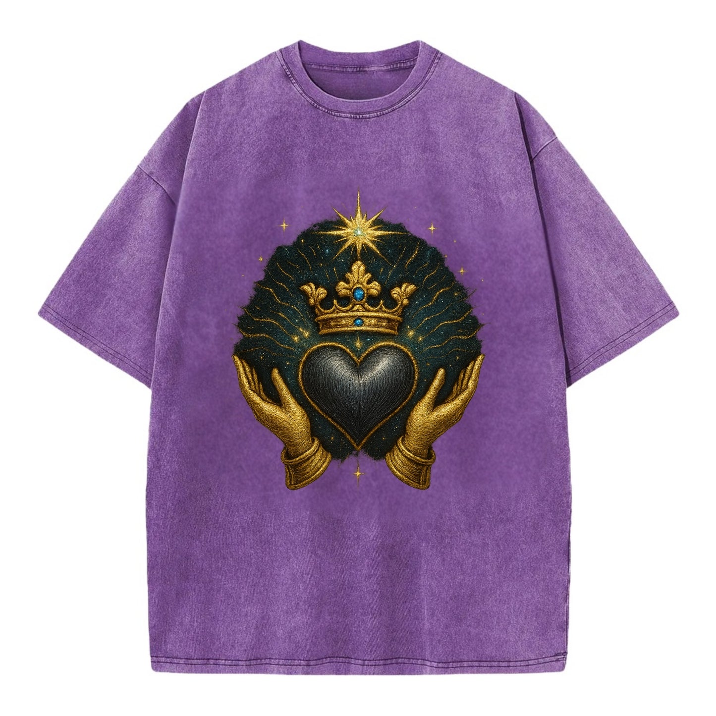 Pearl-studded tiara atop a satin-gunmetal heart supported by elegant opera-glove - Vintage T-shirt - Purple