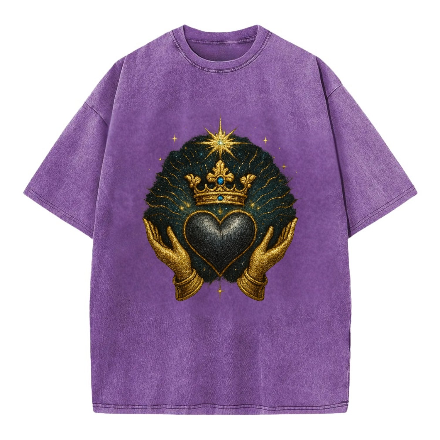 Pearl-studded tiara atop a satin-gunmetal heart supported by elegant opera-glove - Vintage T-shirt - Purple
