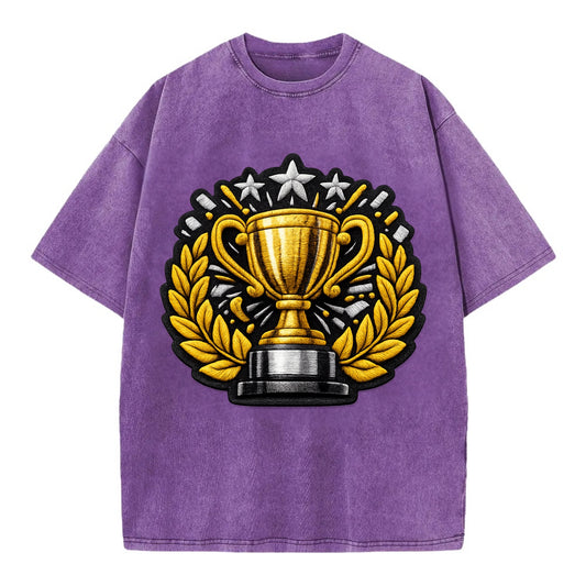 Embroidered patch design - CHAMPIONSHIP TROPHY - golden trophy cup with laurels - Vintage T-shirt - Purple