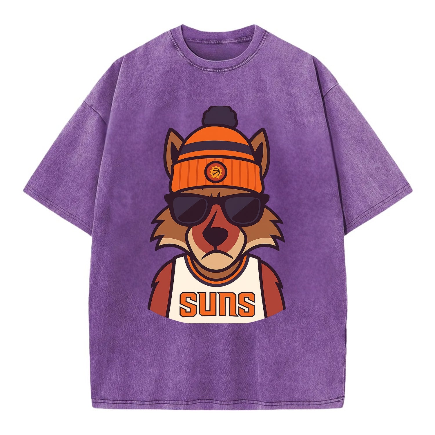 Arizona Coyote wearing Suns beanie with desert sun patch and wayfarer sunglasses - Vintage T-shirt - Purple