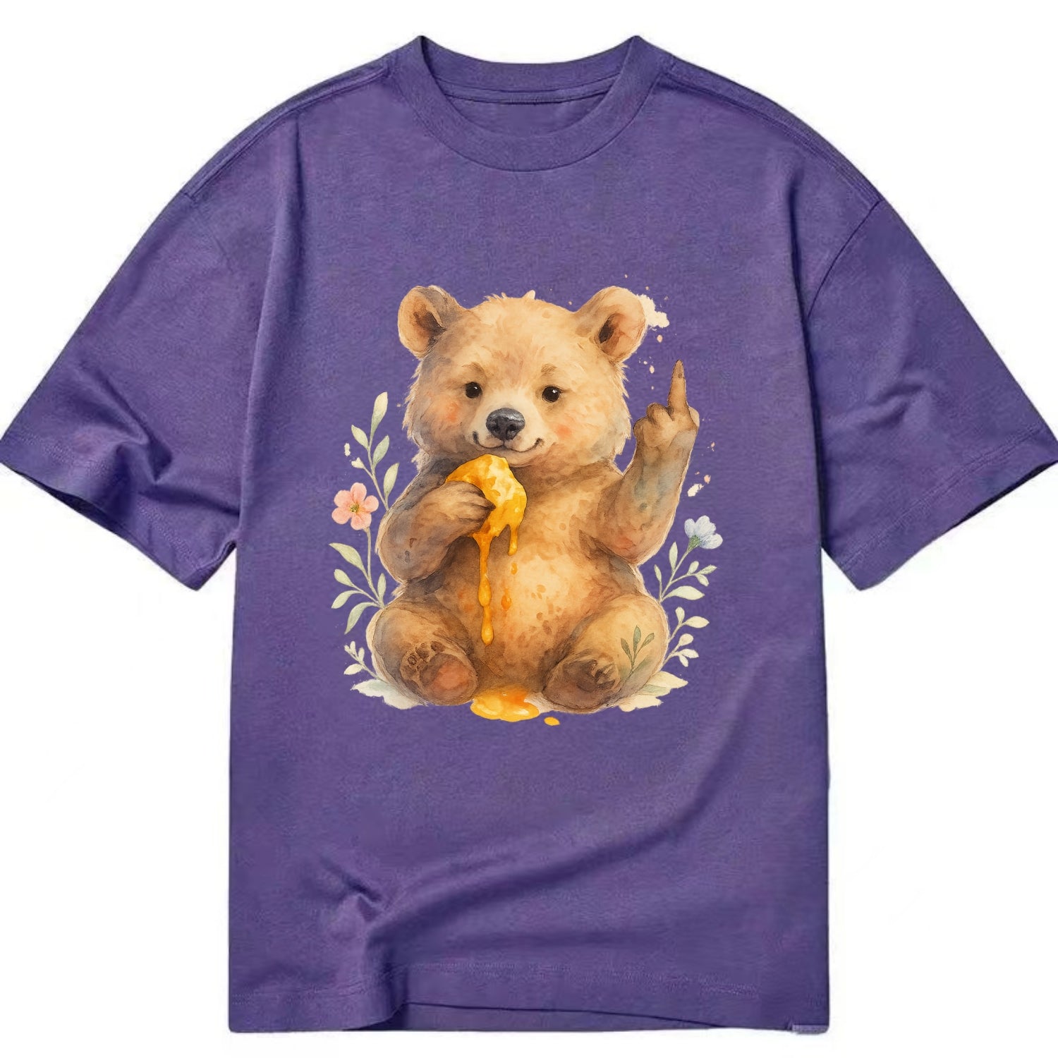 chubby bear cub eating dripping honey, sticky paw up with middle finger - Classic T-shirt - Purple