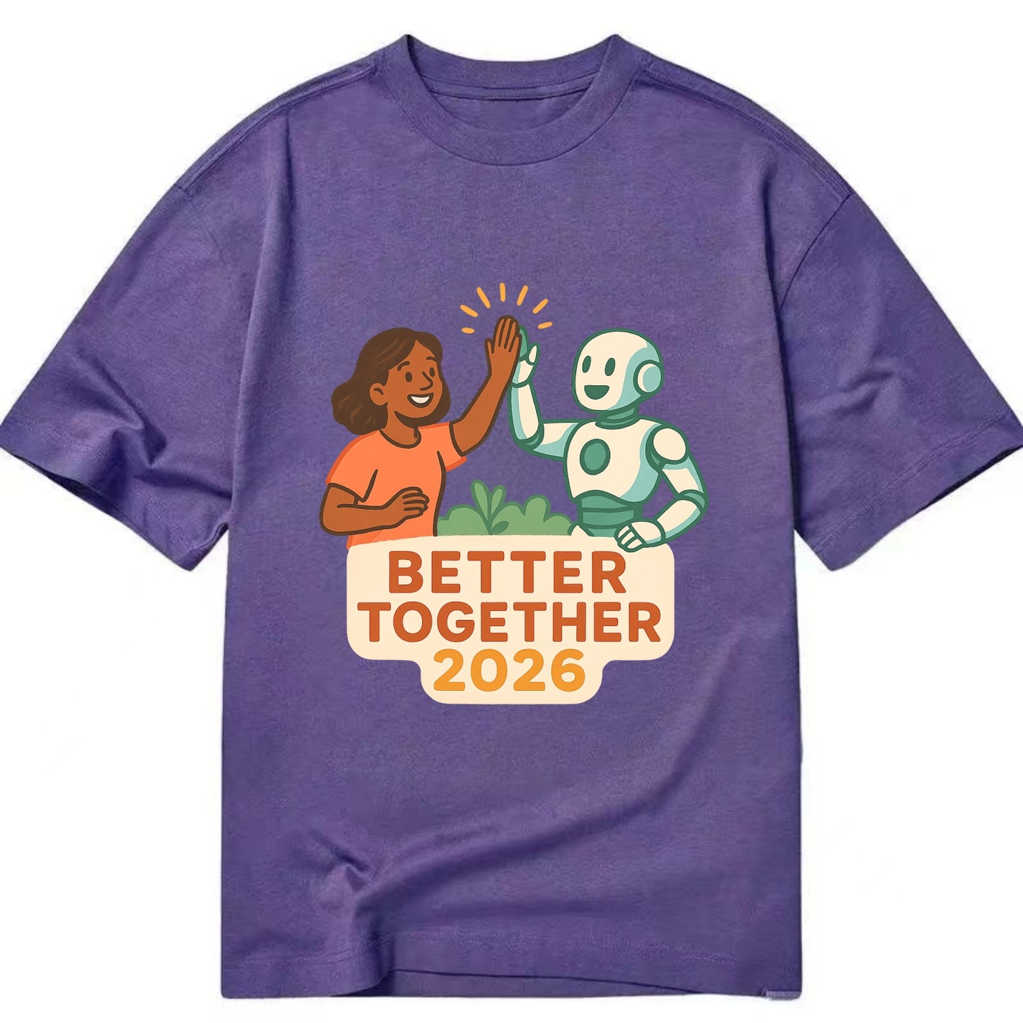 Human and AI robot high-fiving as collaborative partners - "Better Together 2026" - Classic T-shirt - Purple