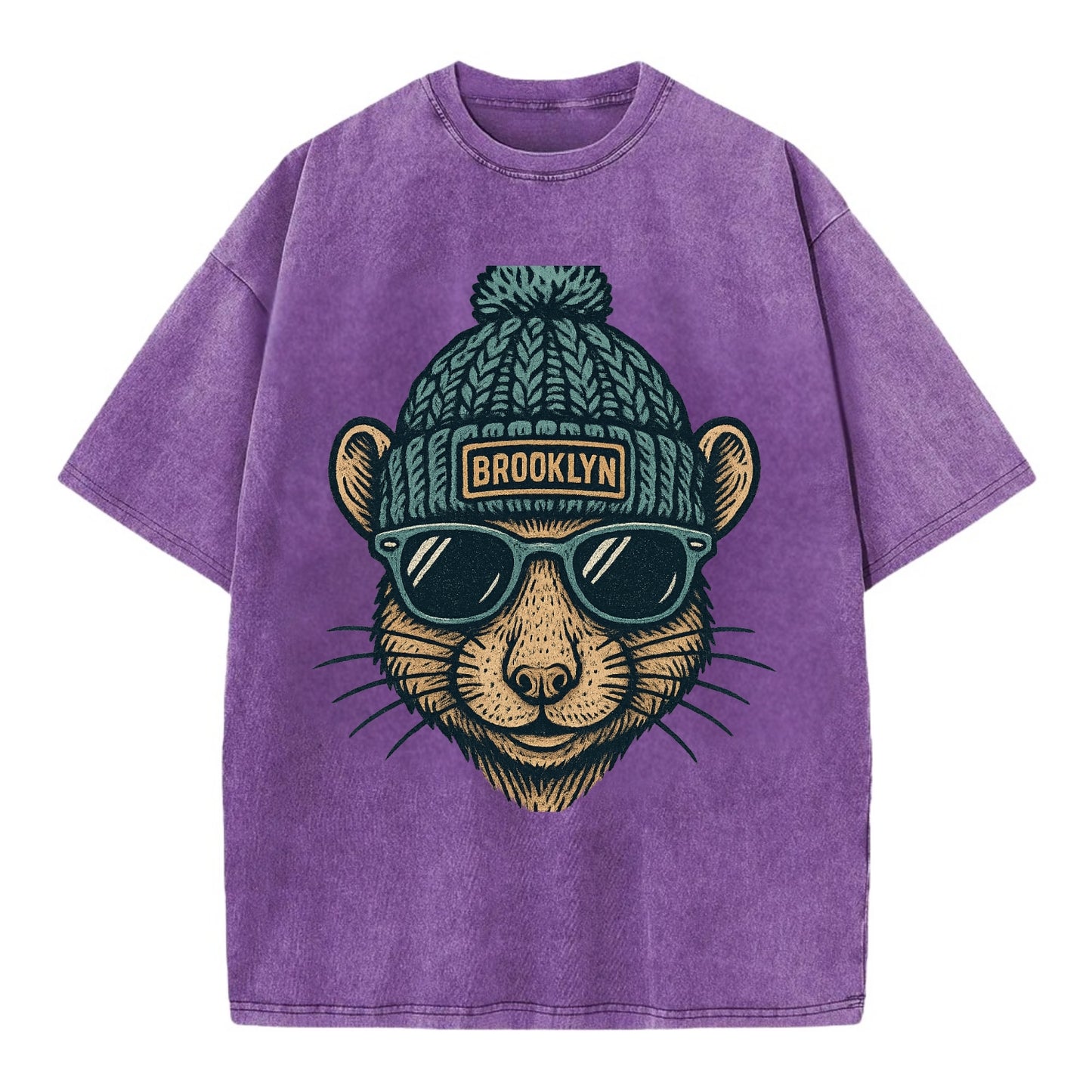 NYC Rat wearing Brooklyn beanie with pom pom and wayfarer sunglasses - Vintage T-shirt - Purple