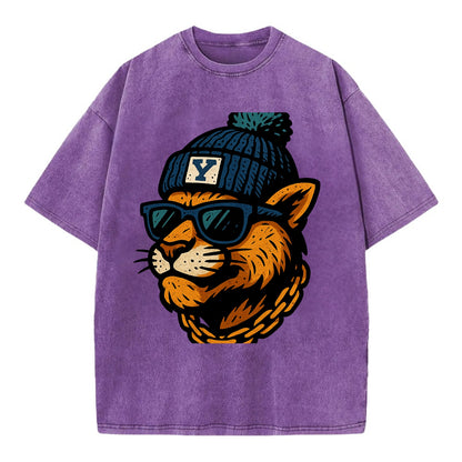Provo Cougar wearing BYU beanie with Y patch - Vintage T-shirt - Purple