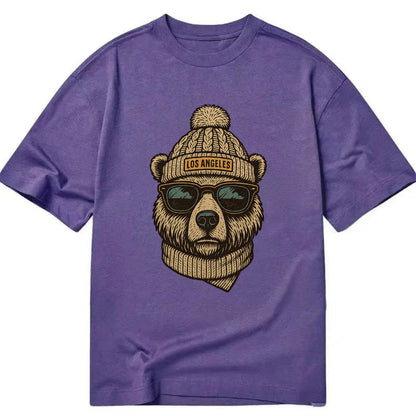 California Grizzly Bear wearing Los Angeles beanie with pom pom and wayfarer - Classic T-shirt - Purple