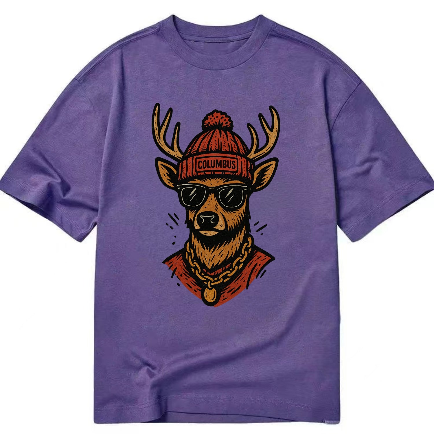 Columbus White-tailed Deer wearing Columbus beanie with pom pom and wayfarer - Classic T-shirt - Purple