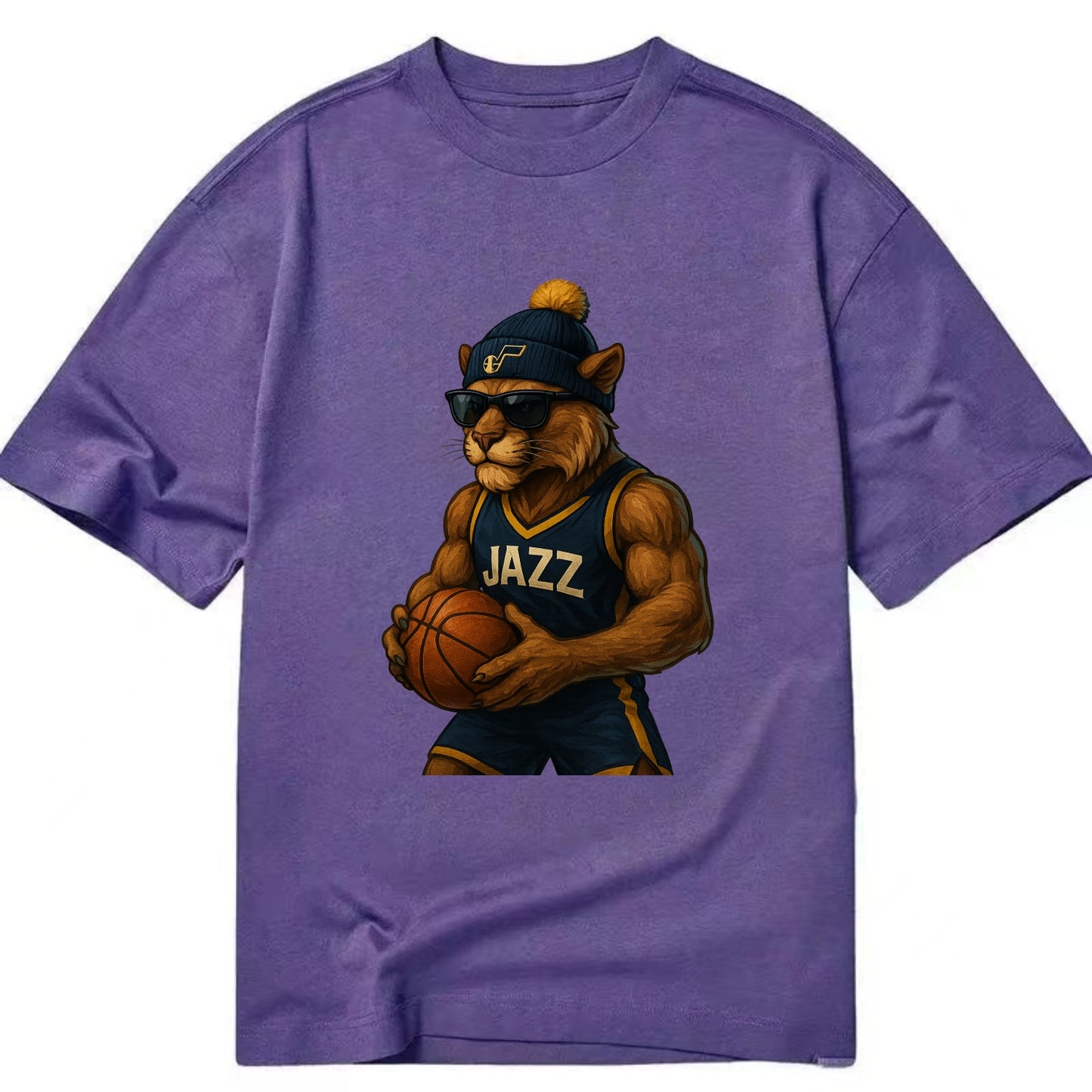 Utah Mountain Lion wearing Jazz navy and yellow beanie with music note and - Classic T-shirt - Purple
