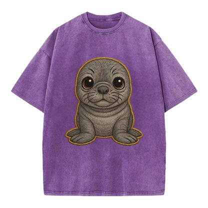 Baby Elephant Seal - gray wrinkly, tiny trunk nose, big dark eyes, front-facing, - Vintage T-shirt - Purple