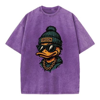 Eugene Duck wearing Oregon beanie with p - Vintage T-shirt - Purple