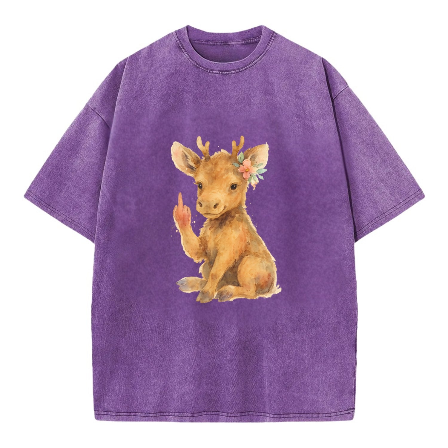 baby moose with adorable tiny antlers, one hoof raised in attitude - Vintage T-shirt - Purple