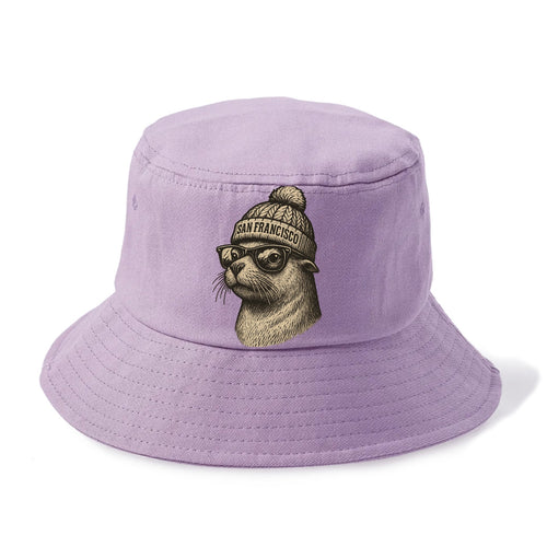 San Francisco Sea Lion wearing San Francisco beanie with pom pom and wayfarer - Bucket Hat
