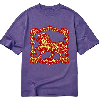 HORSE | Silk style horse design | Gold and silver thread appearance | Phoenix and - Classic T-shirt - Purple