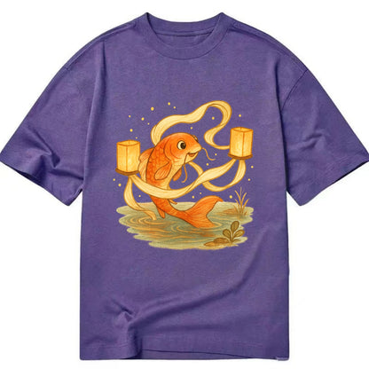 Koi weaving silk streamers through floating lanterns on tranquil water - Classic T-shirt - Purple