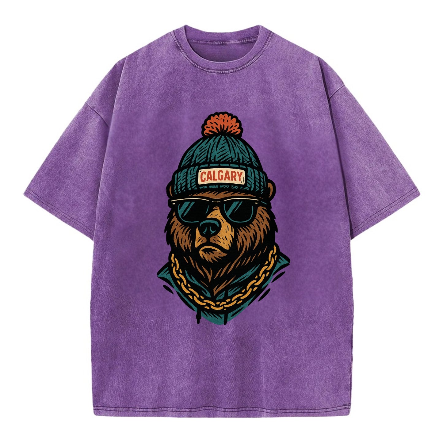Calgary Grizzly Bear wearing Calgary beanie with pom pom and wayfarer sunglasses - Vintage T-shirt - Purple