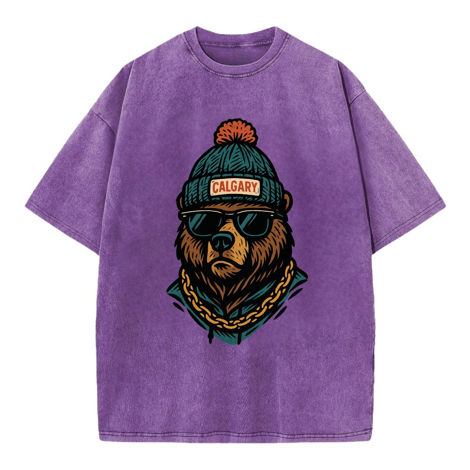 Calgary Grizzly Bear wearing Calgary beanie with pom pom and wayfarer sunglasses - Vintage T-shirt - Purple