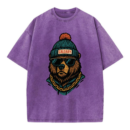 Calgary Grizzly Bear wearing Calgary beanie with pom pom and wayfarer sunglasses - Vintage T-shirt - Purple