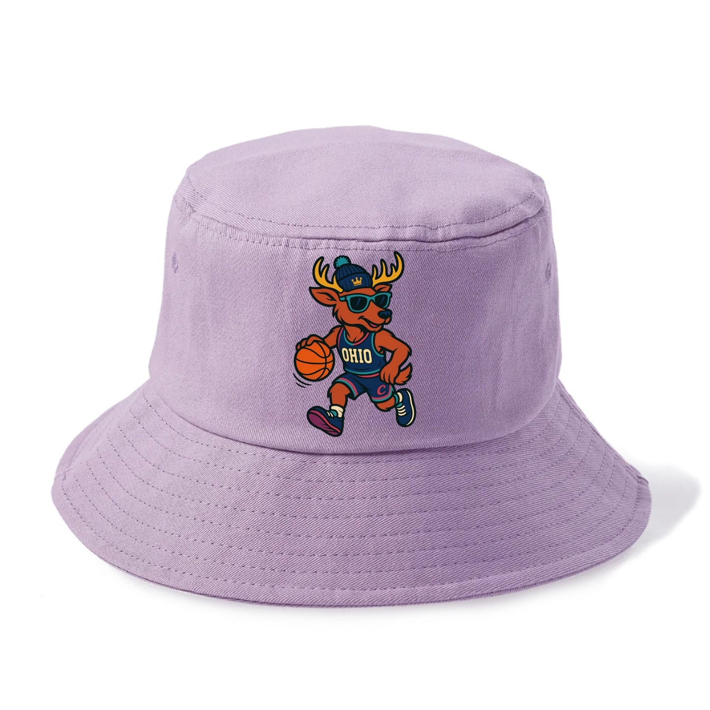 Ohio Deer wearing Cavs beanie with crown patch and wayfarer sunglasses - Bucket Hat - Purple