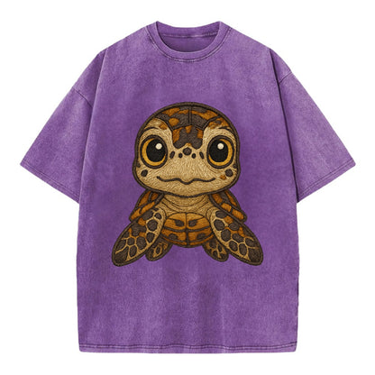 Baby Hawksbill Turtle - amber and brown shell pattern, curious golden eyes, - Vintage T-shirt - Purple