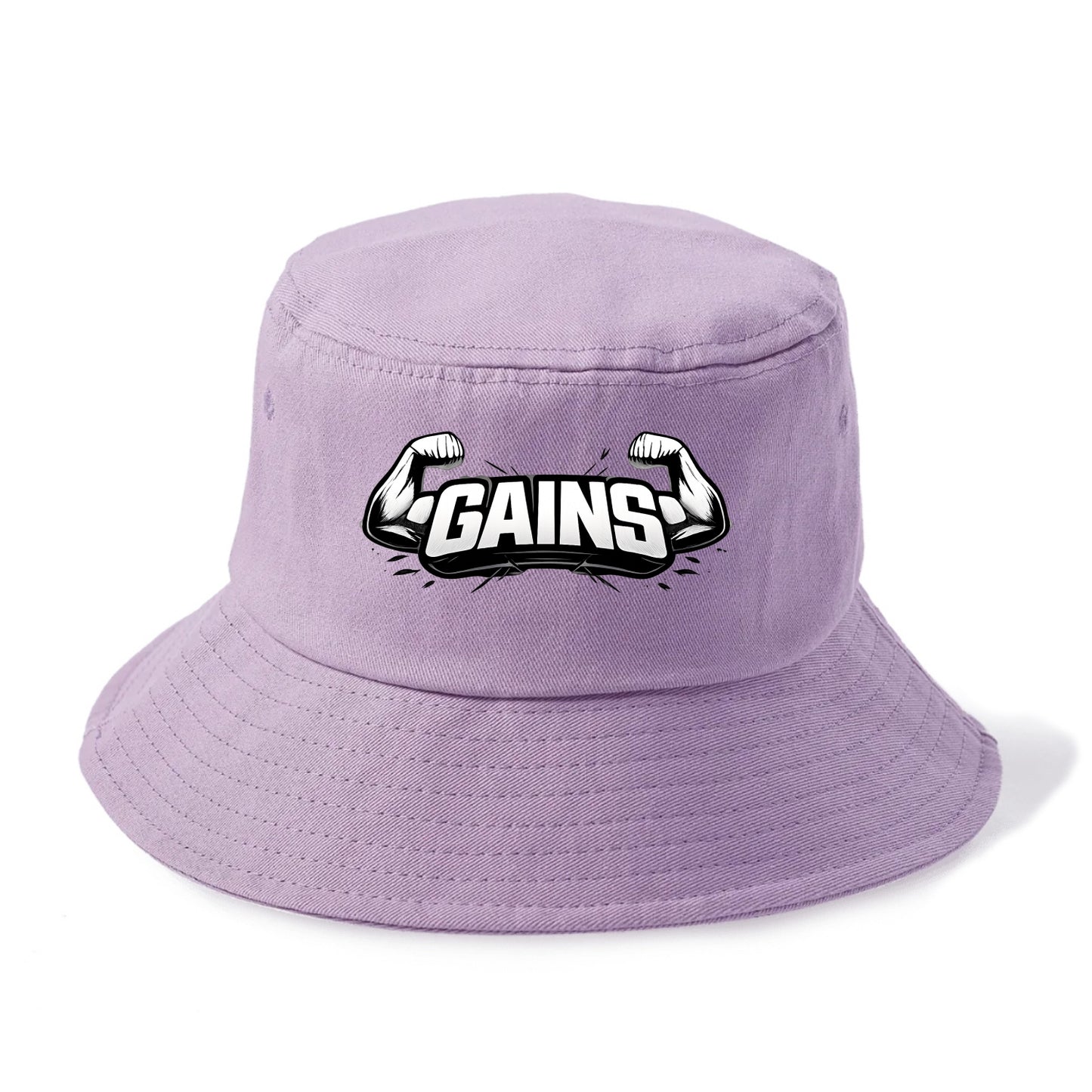 Bold typography design - "GAINS" - muscle growth, progress visible - Bucket Hat - Purple