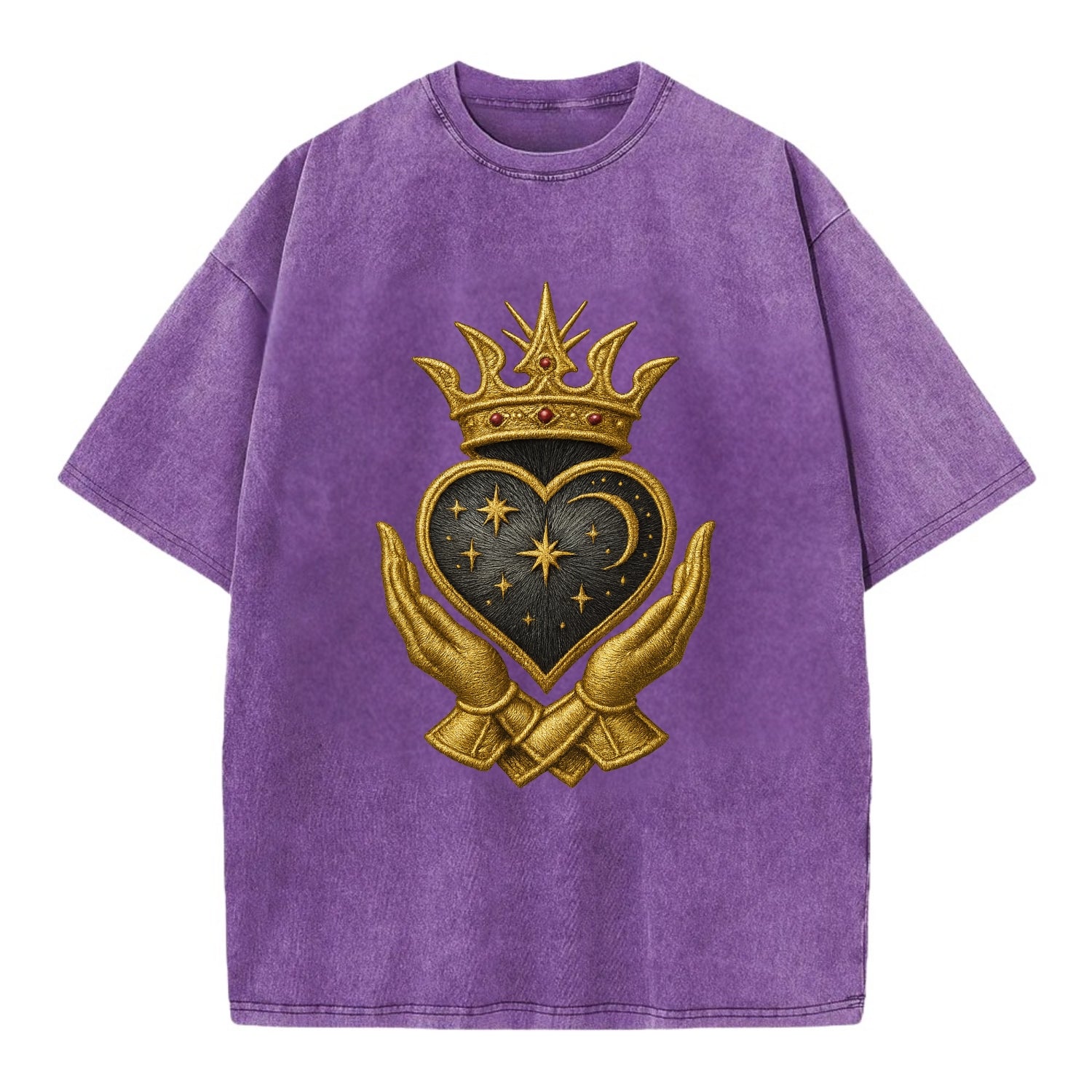 Hammered bronze warrior crown anchoring a dark steel heart with shield-bearing - Vintage T-shirt - Purple
