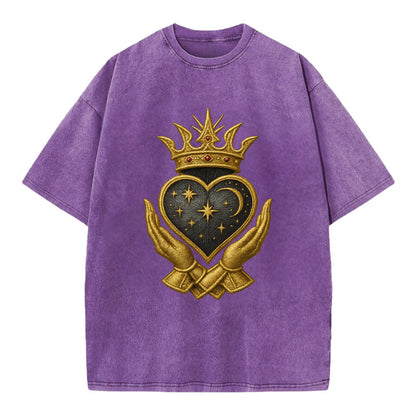 Hammered bronze warrior crown anchoring a dark steel heart with shield-bearing - Vintage T-shirt - Purple
