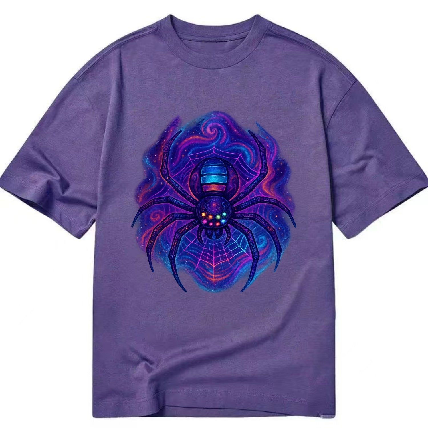 Tech spider with legs showing circuit board patterns, web glowing in neon grid - Classic T-shirt - Purple