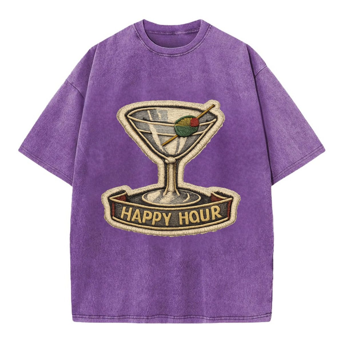 COCKTAIL MARTINI - martini glass with olive in silver and green , happy hour - Vintage T-shirt - Purple