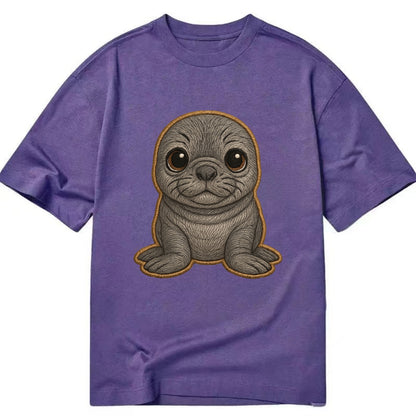 Baby Elephant Seal - gray wrinkly, tiny trunk nose, big dark eyes, front-facing, - Classic T-shirt - Purple