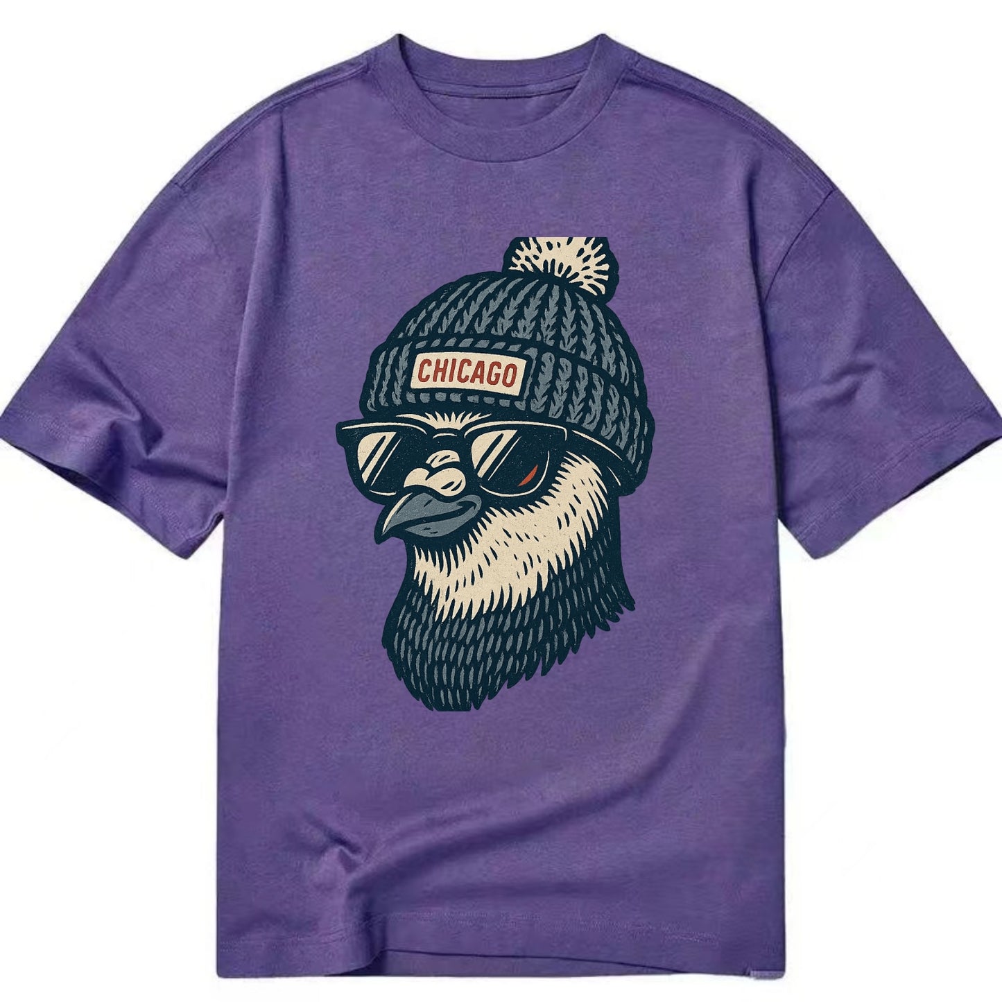 Chicago Pigeon wearing Chicago beanie with pom pom and wayfarer sunglasses - Classic T-shirt - Purple