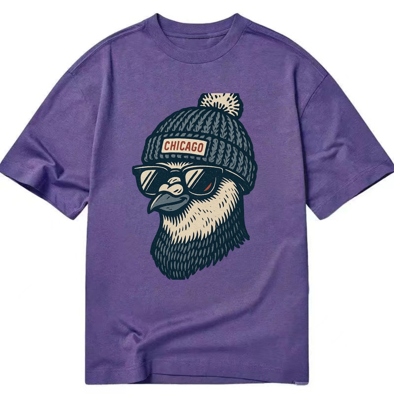 Chicago Pigeon wearing Chicago beanie with pom pom and wayfarer sunglasses - Classic T-shirt - Purple