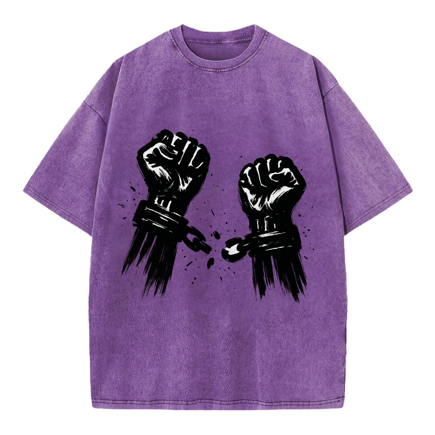 Two raised fists breaking chains - liberation and freedom ink painting - Vintage T-shirt - Purple