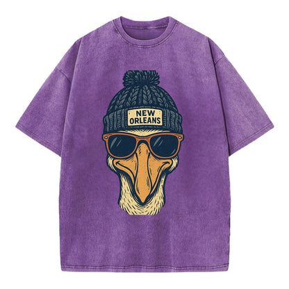 New Orleans Pelican wearing New Orleans beanie with pom pom and wayfarer - Vintage T-shirt - Purple