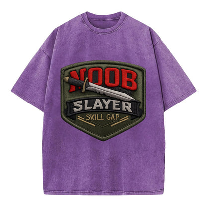 NOOB SLAYER - sword through noob text in red and silver , skill gap - Vintage T-shirt - Purple