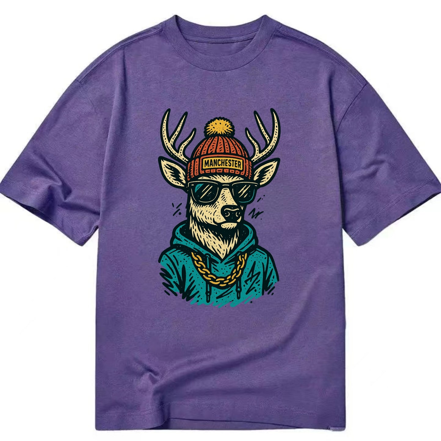 New Hampshire White-tailed Deer wearing Manchester beanie with pom pom and - Classic T-shirt - Purple
