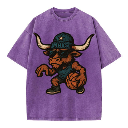 Texas Longhorn wearing Mavs beanie with lone star patch and wayfarer sunglasses - Vintage T-shirt - Purple