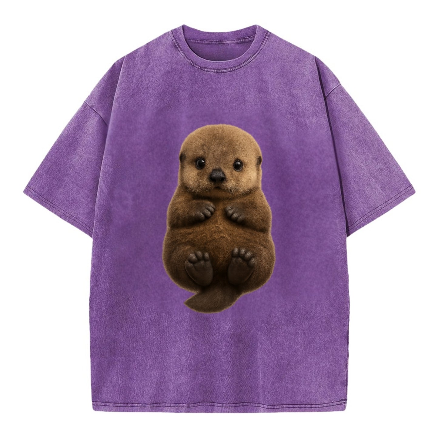 Baby Sea Otter - brown fluffy, floating on back, tiny paws, bright eyes, - Vintage T-shirt - Purple