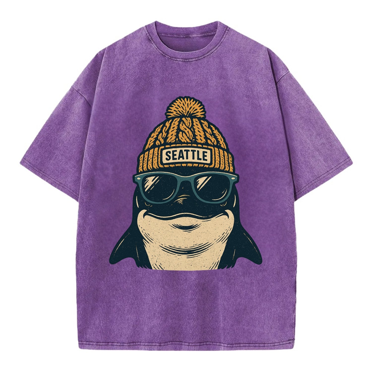 Seattle Orca wearing Seattle beanie with pom pom and wayfarer sunglasses - Vintage T-shirt - Purple