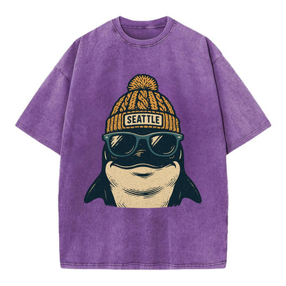 Seattle Orca wearing Seattle beanie with pom pom and wayfarer sunglasses - Vintage T-shirt - Purple