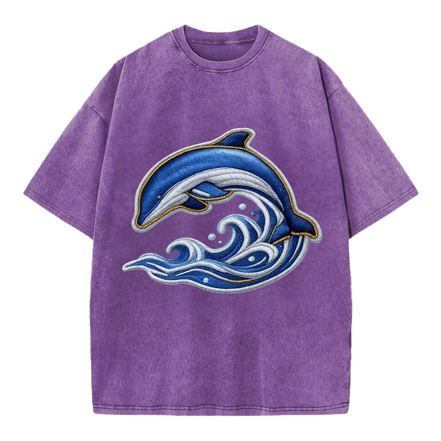 Embroidered patch design - SWIMMING DOLPHIN - diving dolphin with waves in blue - Vintage T-shirt - Purple