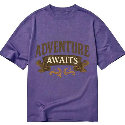 Bold typography design - "ADVENTURE AWAITS" - excitement ahead, ready for anything - Classic T-shirt - Purple